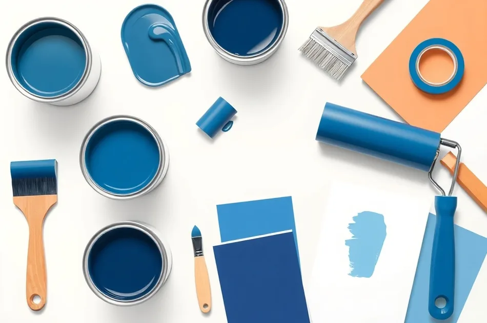 Pots de peinture, nuancier, brosses et rouleaux disposés à plat