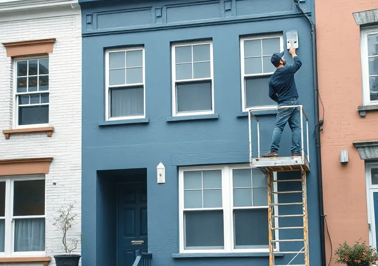 Peintre sur échafaudage traitant la façade d'une maison